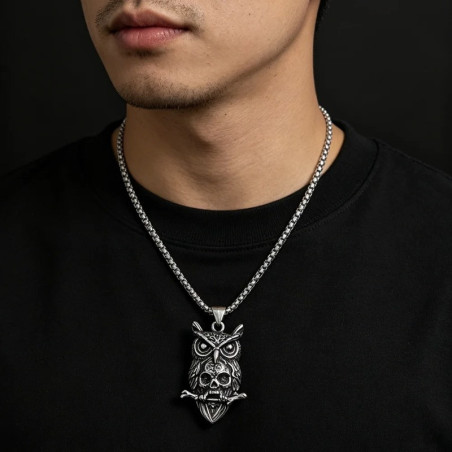Vue portee Pendentif Tête de Mort Hibou Calavera