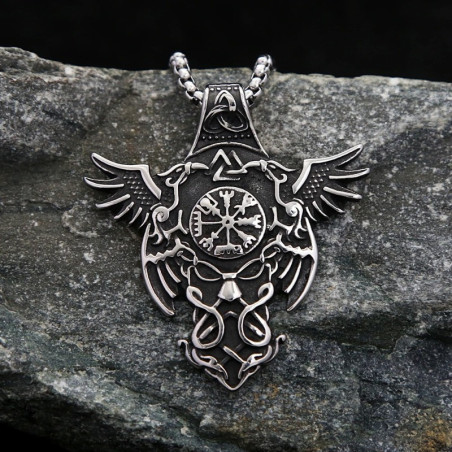 Vue de face Pendentif Viking Heaume de Terreur et Corbeaux d’Odin