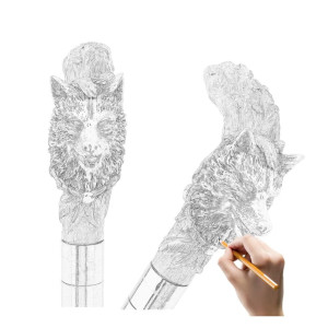 Design Canne Tête de Loup Gris de la Forêt