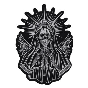 Vue generale Écusson Tête de Mort Santa Muerte Ailée "Vierge de Mort en Prière et Halo Solaire" - 28.5x20cm