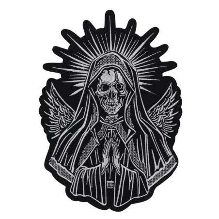 Vue generale Écusson Tête de Mort Santa Muerte Ailée "Vierge de Mort en Prière et Halo Solaire" - 28.5x20cm