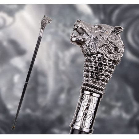 Magnifique Canne Tête de Loup Alpha Argenté
