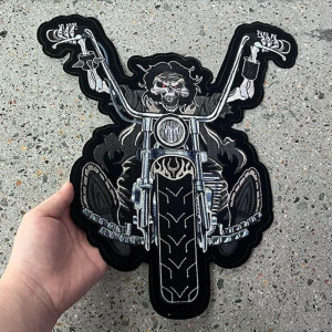 Écusson Tête de Mort Rider Squelette "Ape Hanger" et Moto Chopper - 31.4x29cm