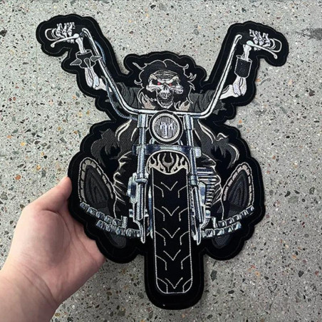 Écusson Tête de Mort Rider Squelette "Ape Hanger" et Moto Chopper - 31.4x29cm