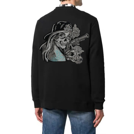 Écusson Tête de Mort Femme Biker Revolver et Roses