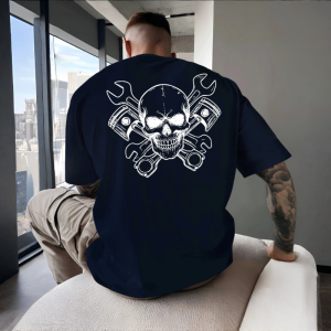 T-Shirt Tête de Mort « Mécanique Infernale » Couleur Bleu
