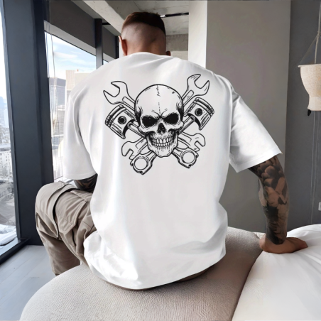 T-Shirt Tête de Mort « Mécanique Infernale » Couleur Blanc