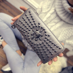 Grand Portefeuille Femme motif Tete de Mort avec strass et clous style Punk couleur gris