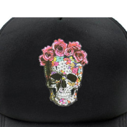 détails de la Casquette camionneur Homme - Tête de Mort Mexicain Fleurs couleur rose