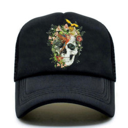Magnifique Casquette camionneur Homme - Tête de Mort Mexicain Fleurs couleur jaune