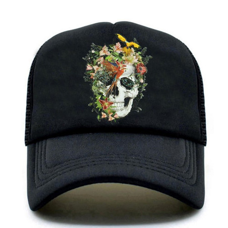 Magnifique Casquette camionneur Homme - Tête de Mort Mexicain Fleurs couleur jaune