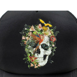 détails de la Casquette camionneur Tête de Mort Mexicain Fleurs couleur jaune