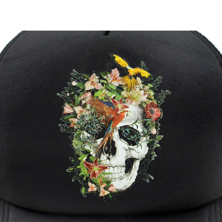 détails de la Casquette camionneur Tête de Mort Mexicain Fleurs couleur jaune