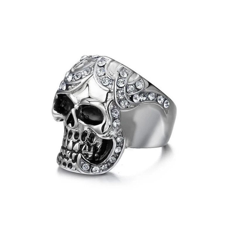 Bague Tête de Mort Acier avec diamants strass