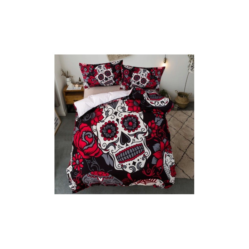 Housse de Couette et Taies d'oreiller Skull Tête de Mort Mexicaine rouge